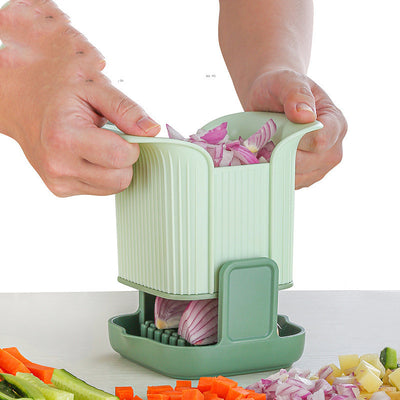 French fry cutter and onion dicer kitchen tool with hand-pressure design
