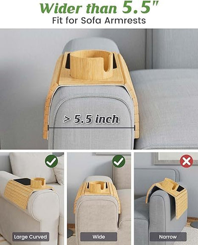 Eco-friendly bamboo armrest tray for drinks, snacks, and gadgets