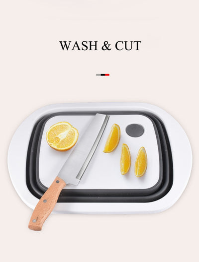 Foldable cutting board with drain basket and washing basin for vegetables