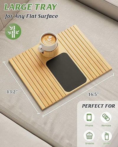 Eco-friendly bamboo armrest tray for drinks, snacks, and gadgets