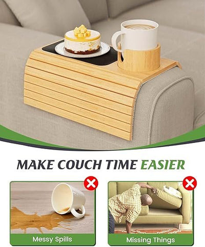 Eco-friendly bamboo armrest tray for drinks, snacks, and gadgets