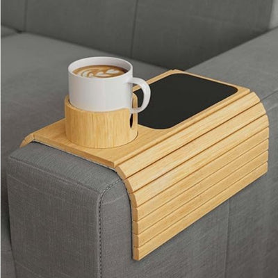 Modern minimalist bamboo sofa tray on a couch armrest